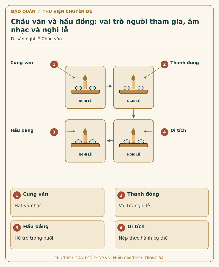 Sơ đồ đối chiếu: Chầu văn và hầu đồng: vai trò người tham gia, âm nhạc và nghi lễ