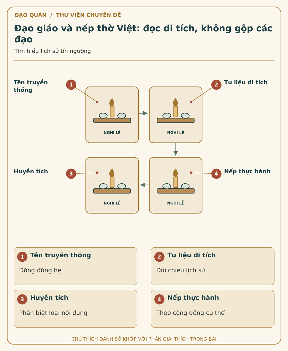 Sơ đồ đối chiếu: Đạo giáo và nếp thờ Việt: đọc di tích, không gộp các đạo