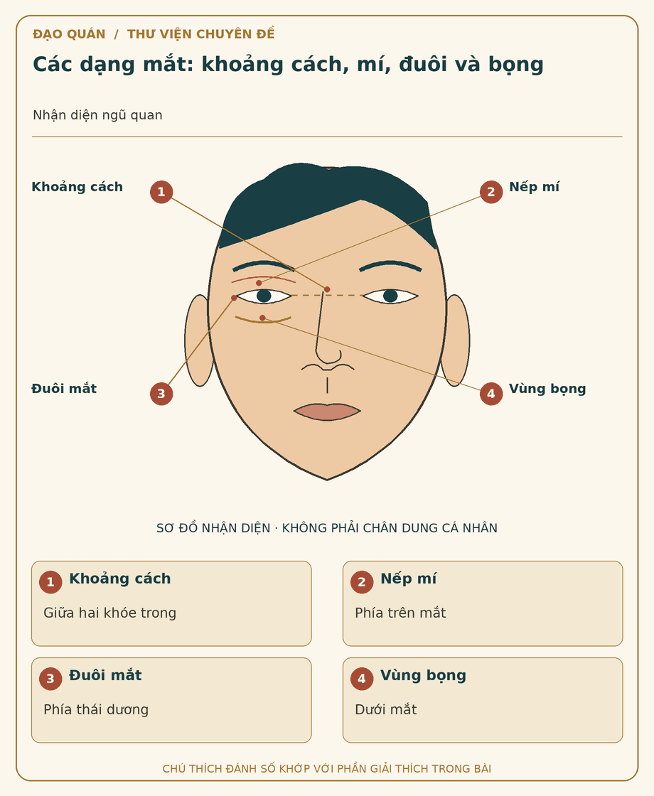 Sơ đồ đối chiếu: Các dạng mắt: khoảng cách, mí, đuôi và bọng