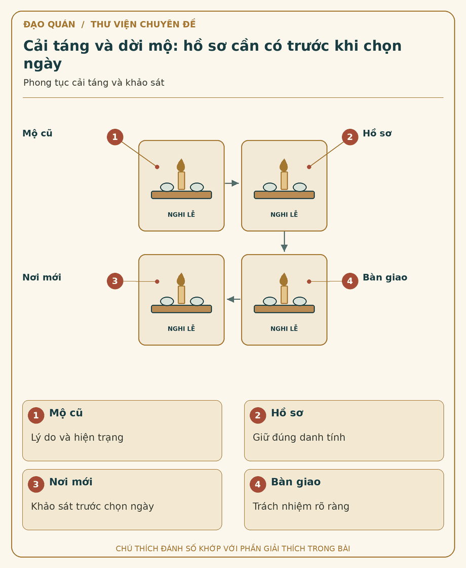 Sơ đồ đối chiếu: Cải táng và dời mộ: hồ sơ cần có trước khi chọn ngày