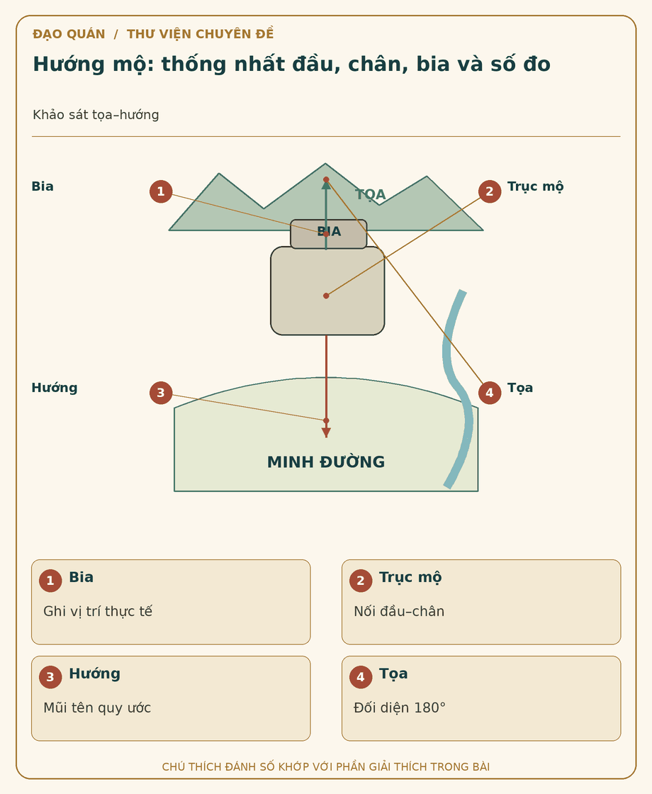 Sơ đồ đối chiếu: Hướng mộ: thống nhất đầu, chân, bia và số đo
