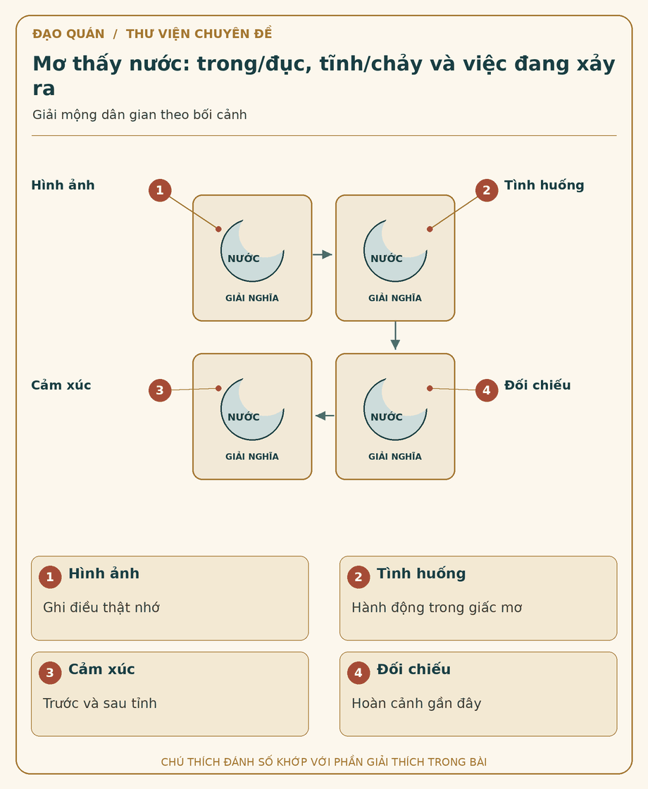 Sơ đồ đối chiếu: Mơ thấy nước: trong/đục, tĩnh/chảy và việc đang xảy ra