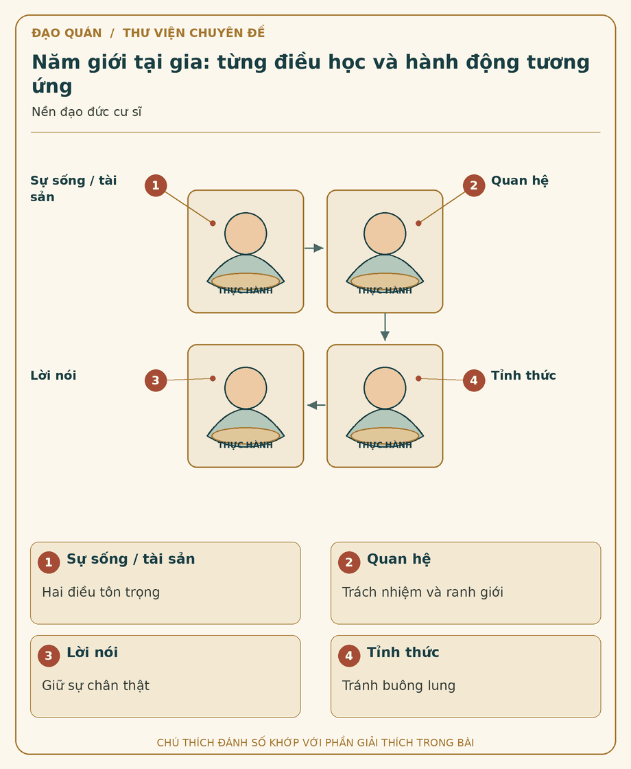 Sơ đồ đối chiếu: Năm giới tại gia: từng điều học và hành động tương ứng