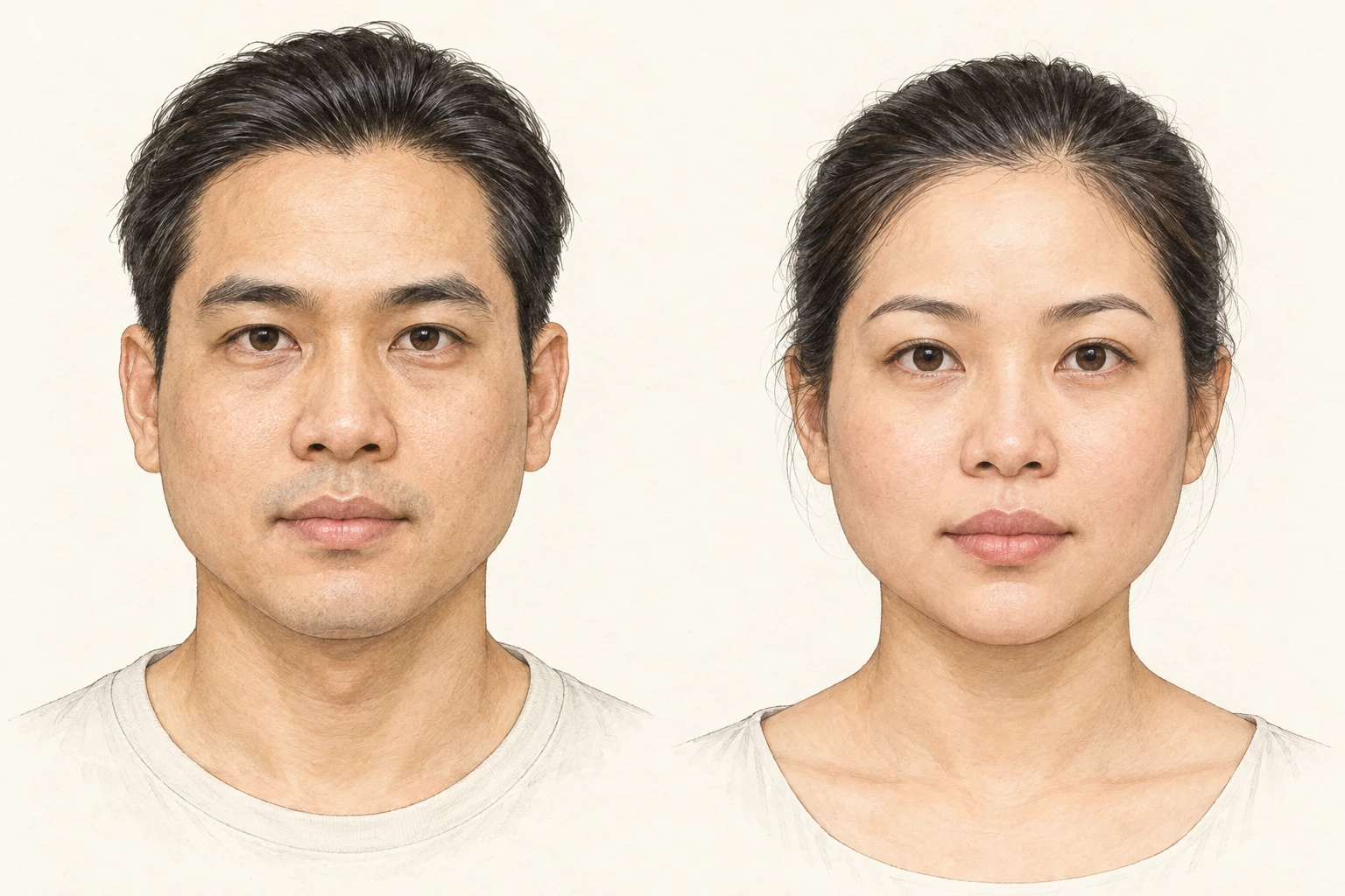 Mặt chữ thân — minh họa chi tiết nam bên trái, nữ bên phải; phần giữa rộng, hai đầu khung mặt thu lại
