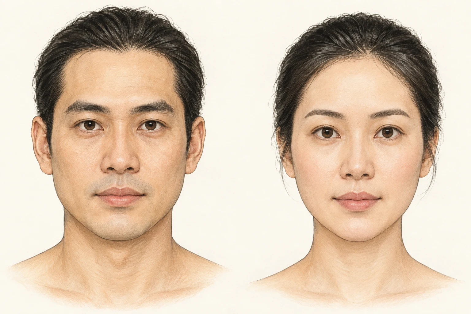 Mặt trái xoan — minh họa chi tiết nam bên trái, nữ bên phải; đường nét thuôn mềm, cằm bo tròn