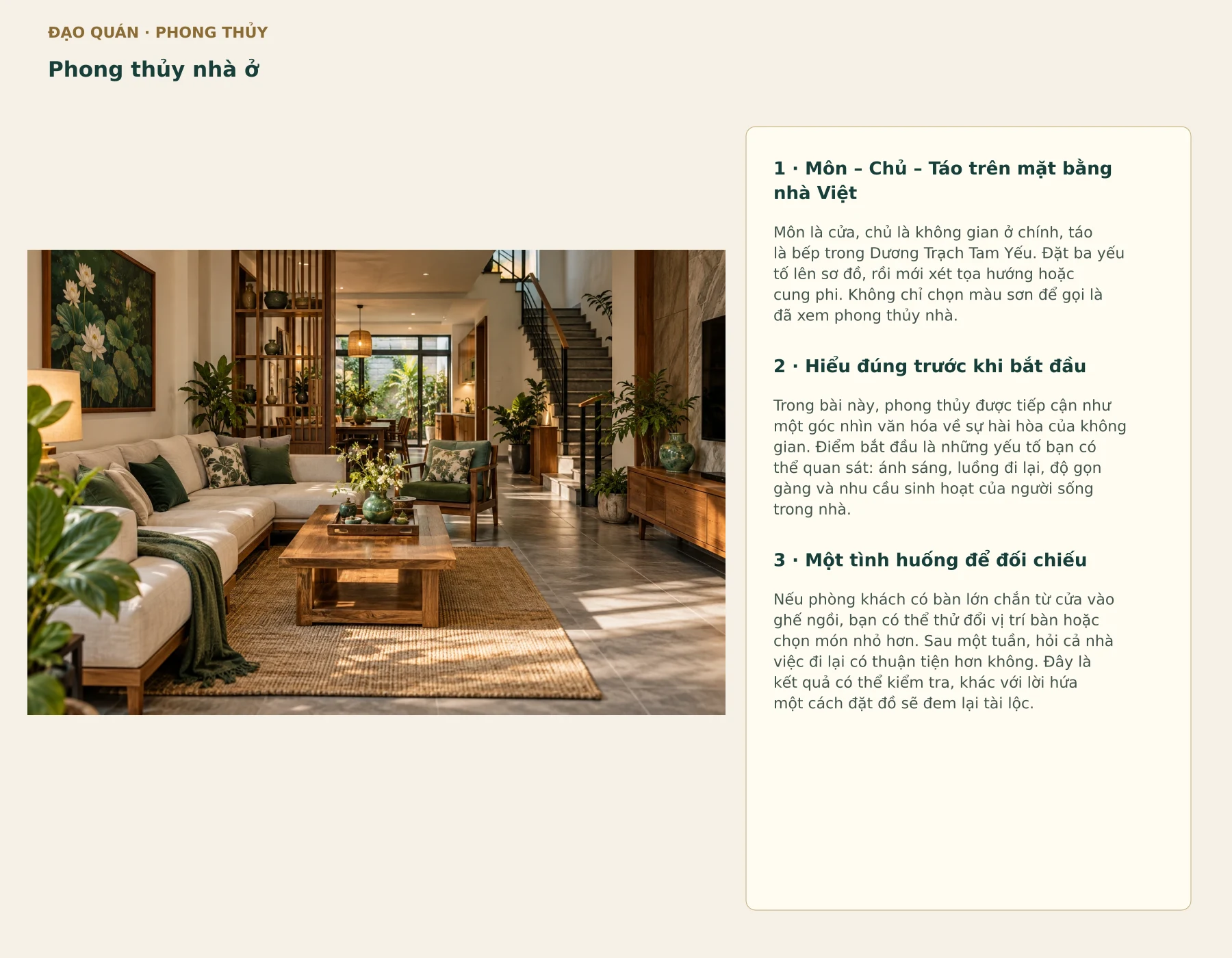Ảnh theo chủ đề kèm chú giải từ các phần: Môn – Chủ – Táo trên mặt bằng nhà Việt · Hiểu đúng trước khi bắt đầu · Một tình huống để đối chiếu.
