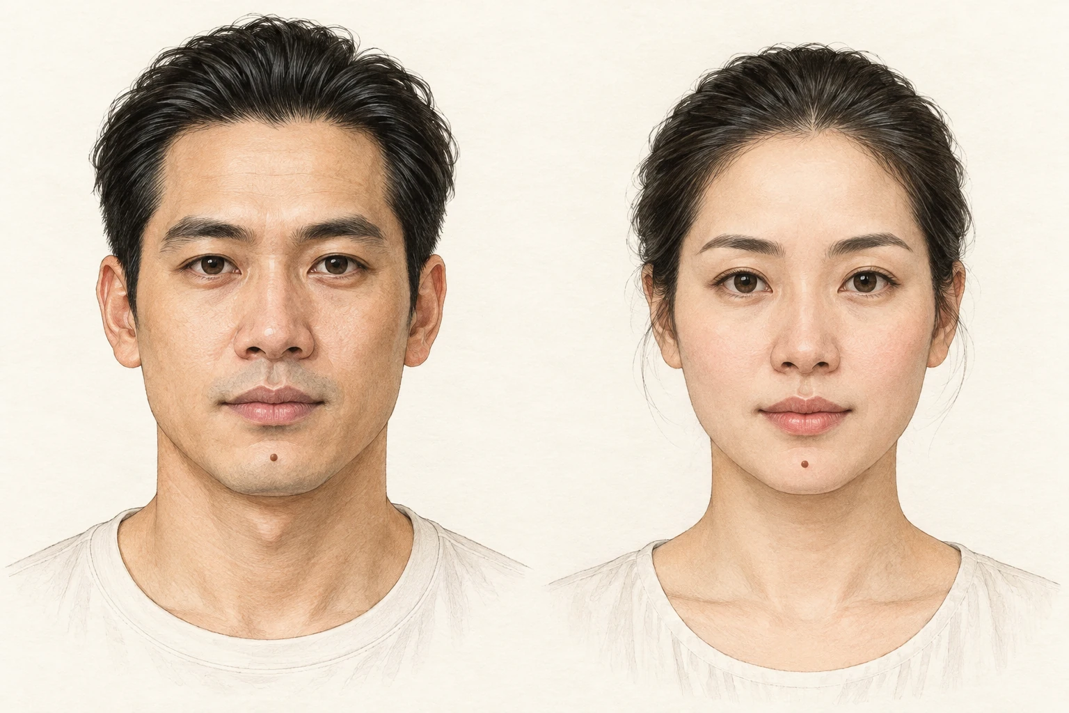 Nốt ruồi ở cằm — minh họa chi tiết nam bên trái, nữ bên phải; vùng cằm bên dưới môi dưới
