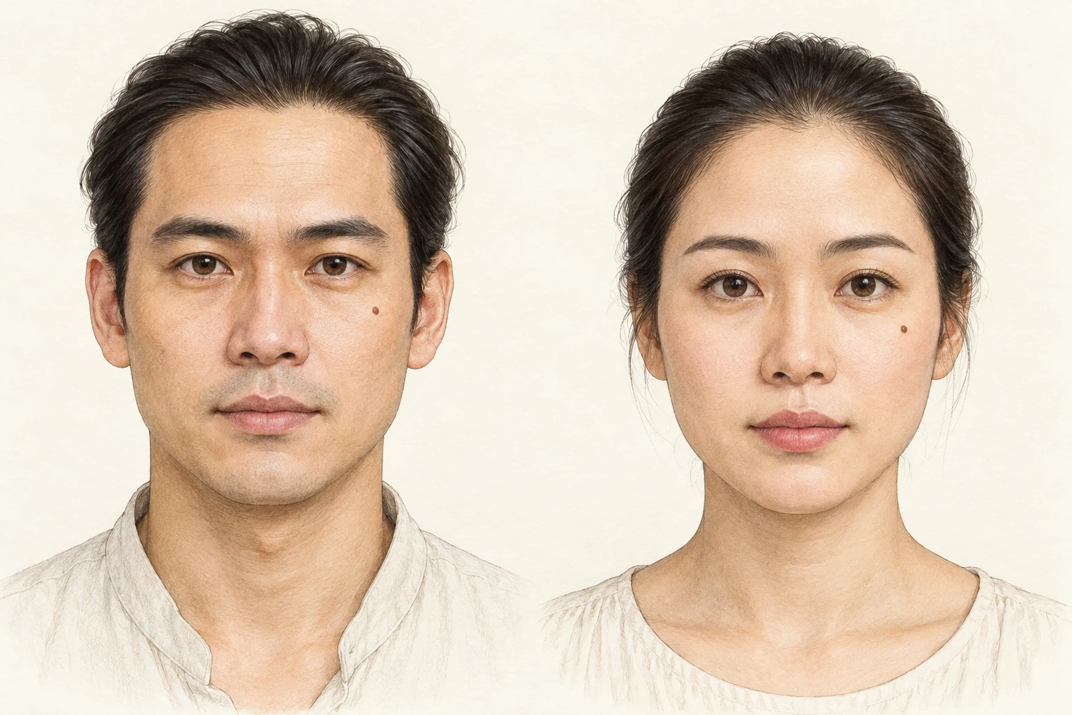Nốt ruồi ở má — minh họa chi tiết nam bên trái, nữ bên phải; vùng má hai bên khuôn mặt