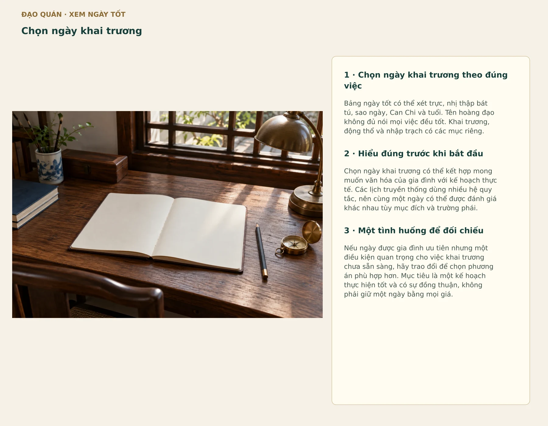 Ảnh theo chủ đề kèm chú giải từ các phần: Chọn ngày khai trương theo đúng việc · Hiểu đúng trước khi bắt đầu · Một tình huống để đối chiếu.