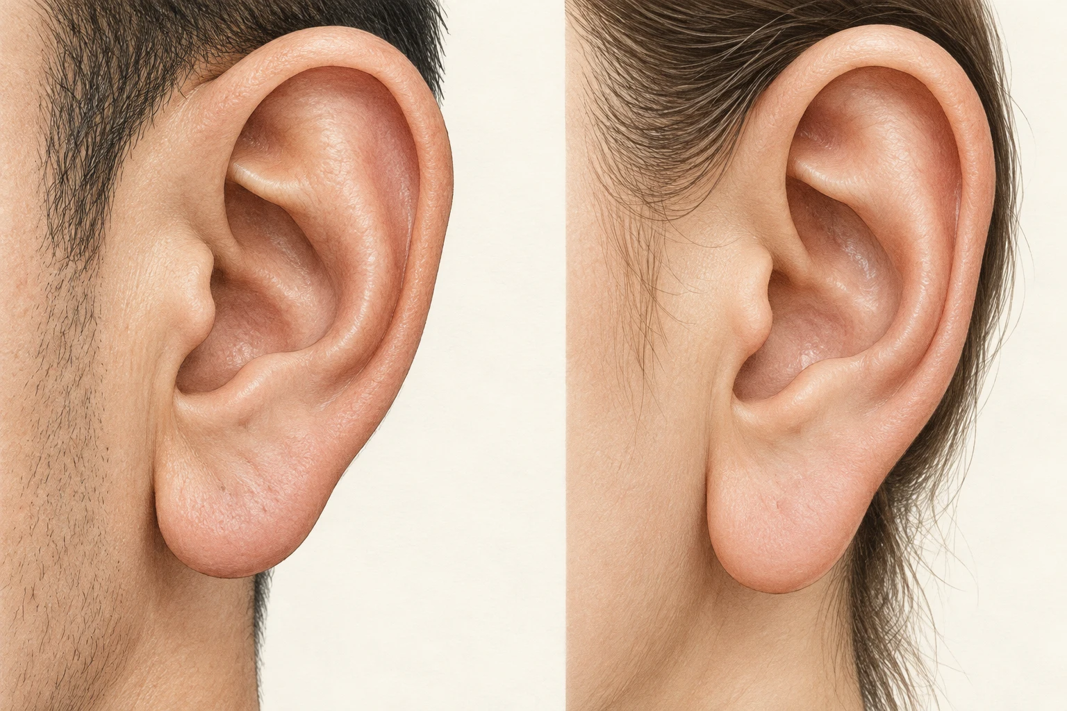 Dái tai rời — minh họa chi tiết nam bên trái, nữ bên phải; phần dái tai có khoảng rời rõ