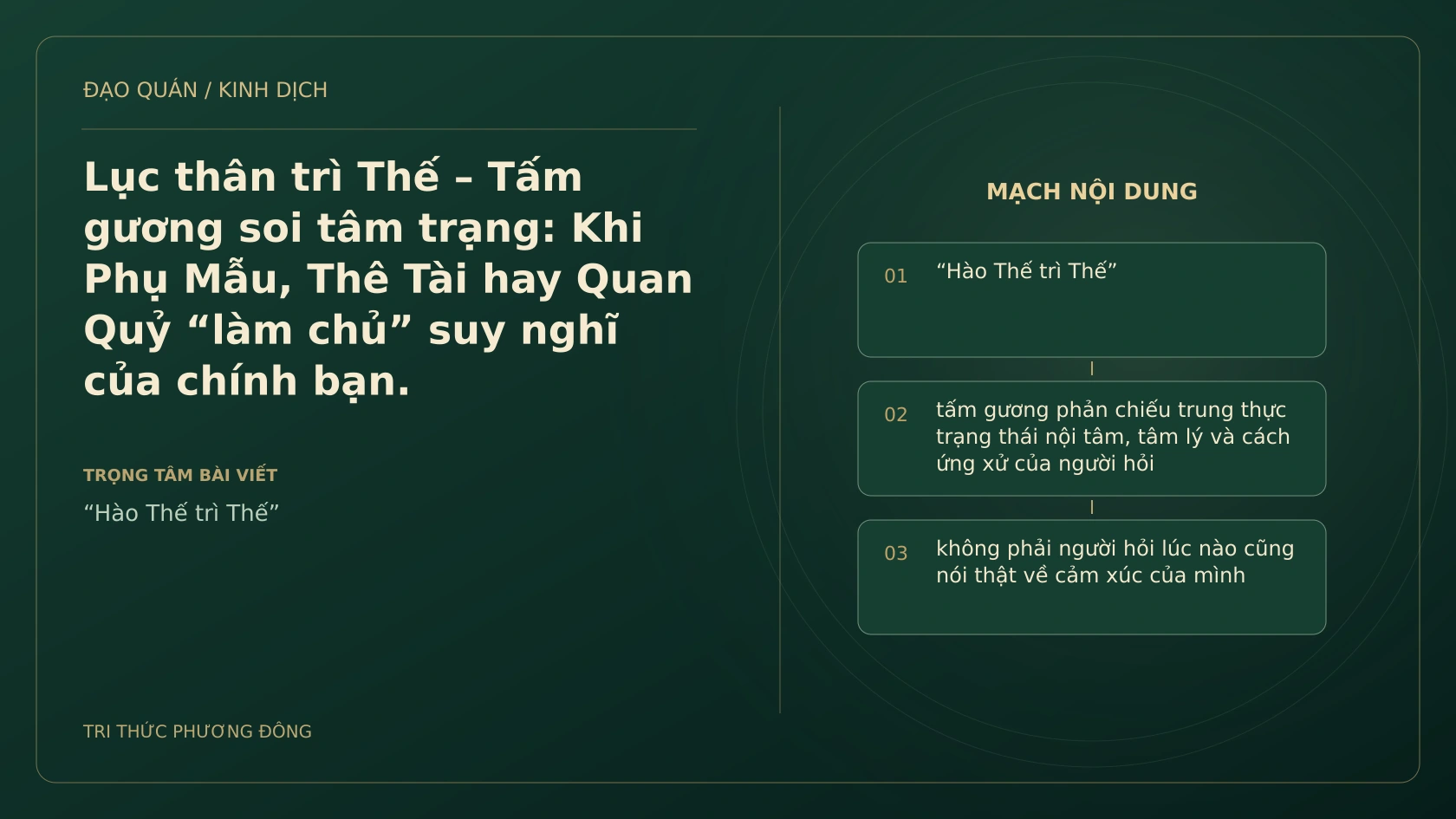 Minh họa Dịch học: Lục thân trì Thế – Tấm gương soi tâm trạng: Khi Phụ Mẫu, Thê Tài hay Quan Quỷ “làm chủ” suy nghĩ của chính bạn.
