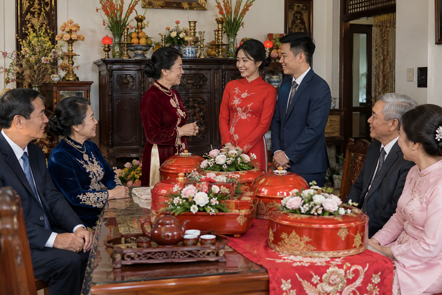 Cưới hỏi: tuổi, lịch lễ và thống nhất hai gia đình — ảnh minh họa chân thực được tạo sinh
