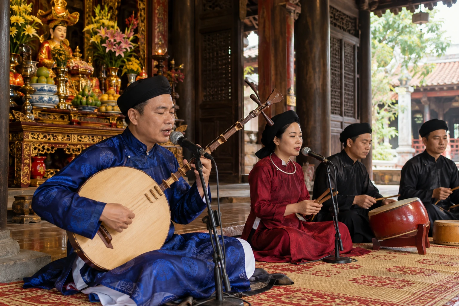 Chầu văn và hầu đồng: vai trò người tham gia, âm nhạc và nghi lễ — ảnh minh họa chân thực được tạo sinh