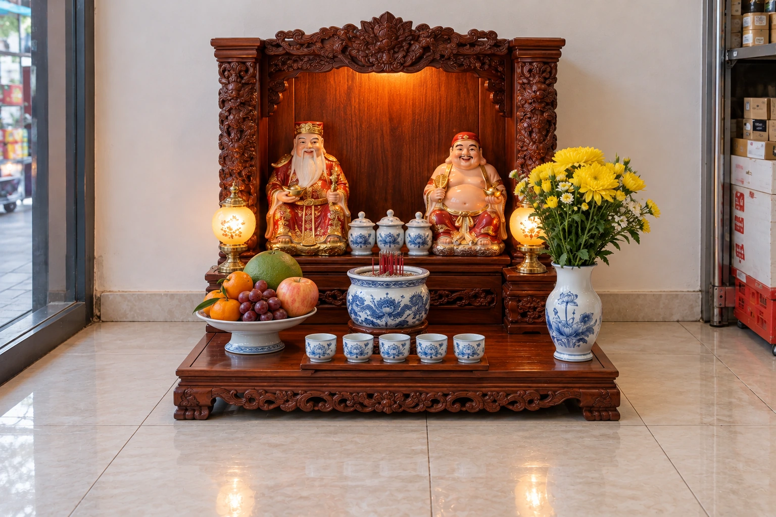 Bàn thờ Thần Tài–Thổ Địa: bố cục và hướng — ảnh minh họa chân thực được tạo sinh
