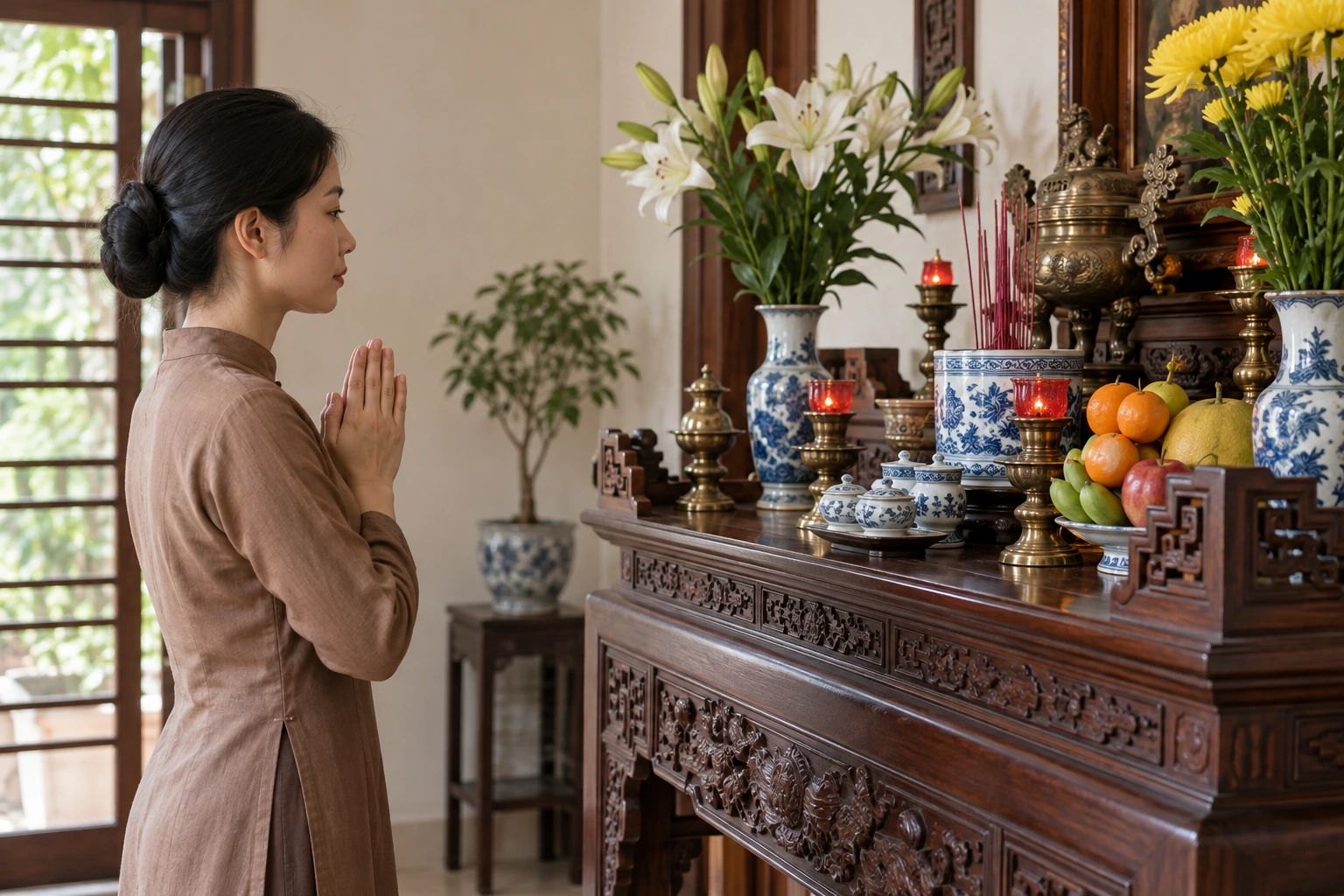 Cúng, khấn, vái, lạy: phân biệt ý nghĩa và cấu trúc lời khấn — ảnh minh họa chân thực được tạo sinh