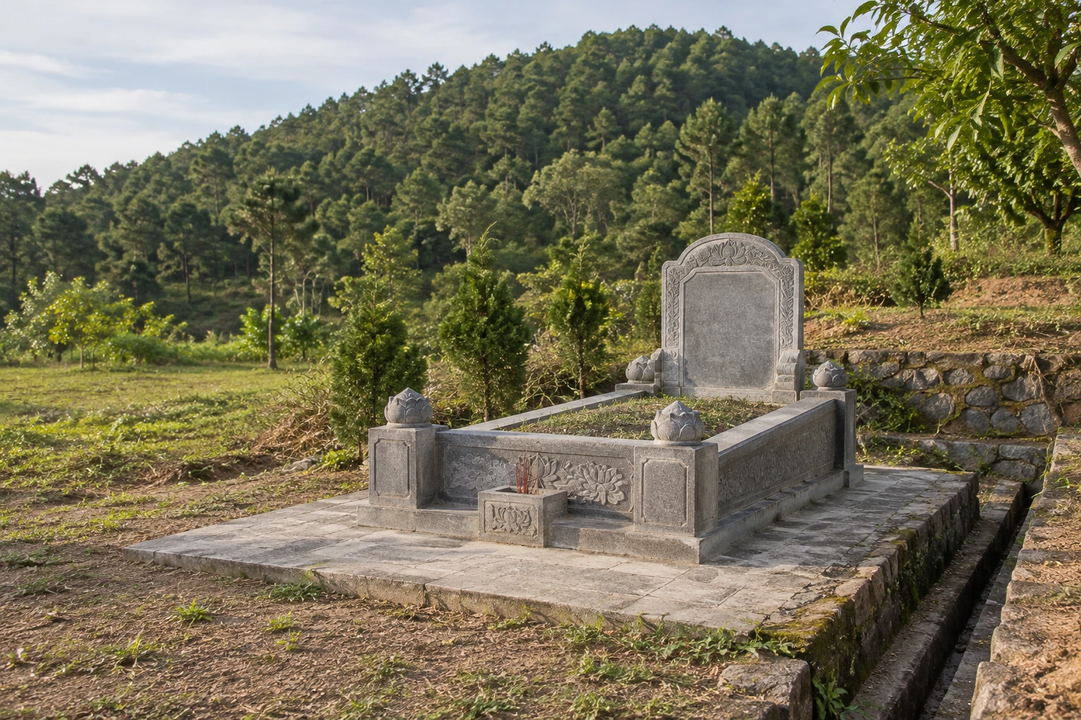 Chọn đất mộ: minh đường, điểm tựa và dòng nước — ảnh minh họa chân thực được tạo sinh
