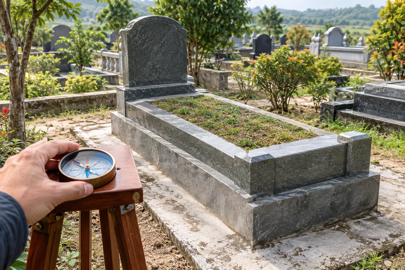 Hướng mộ: thống nhất đầu, chân, bia và số đo — ảnh minh họa chân thực được tạo sinh