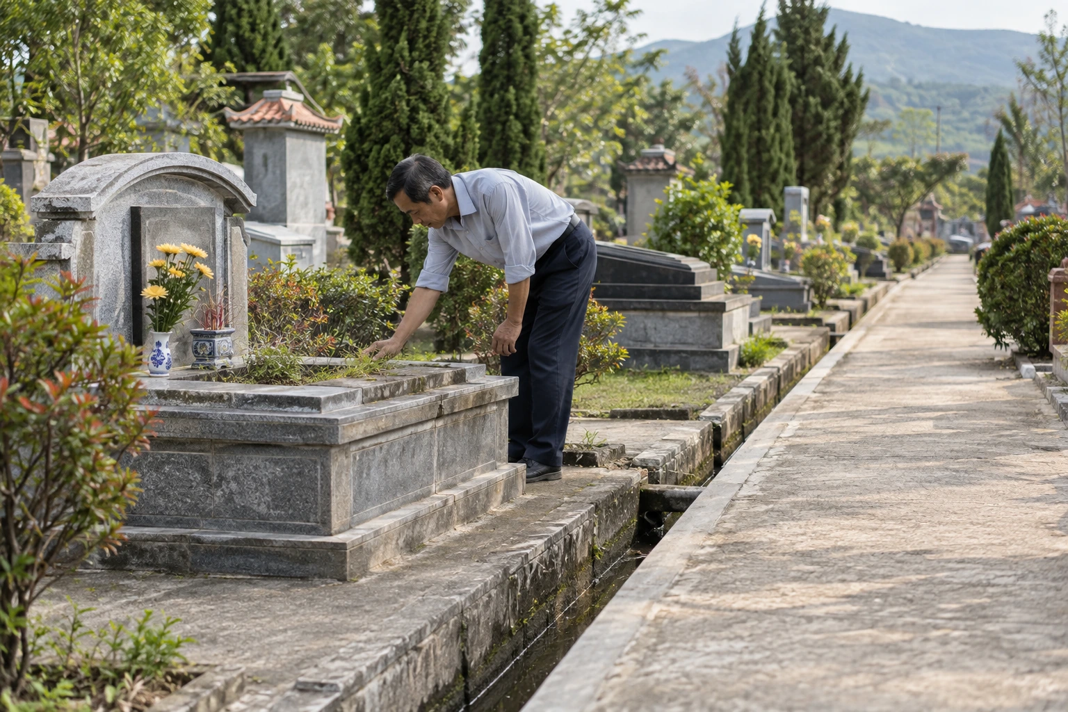Mộ phần: nhận diện thế ngập, lấn lối và nền không vững — ảnh minh họa chân thực được tạo sinh