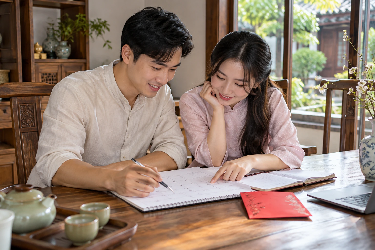 Ngày cưới: ghép lịch hai gia đình và tiêu chí trạch nhật — ảnh minh họa chân thực được tạo sinh