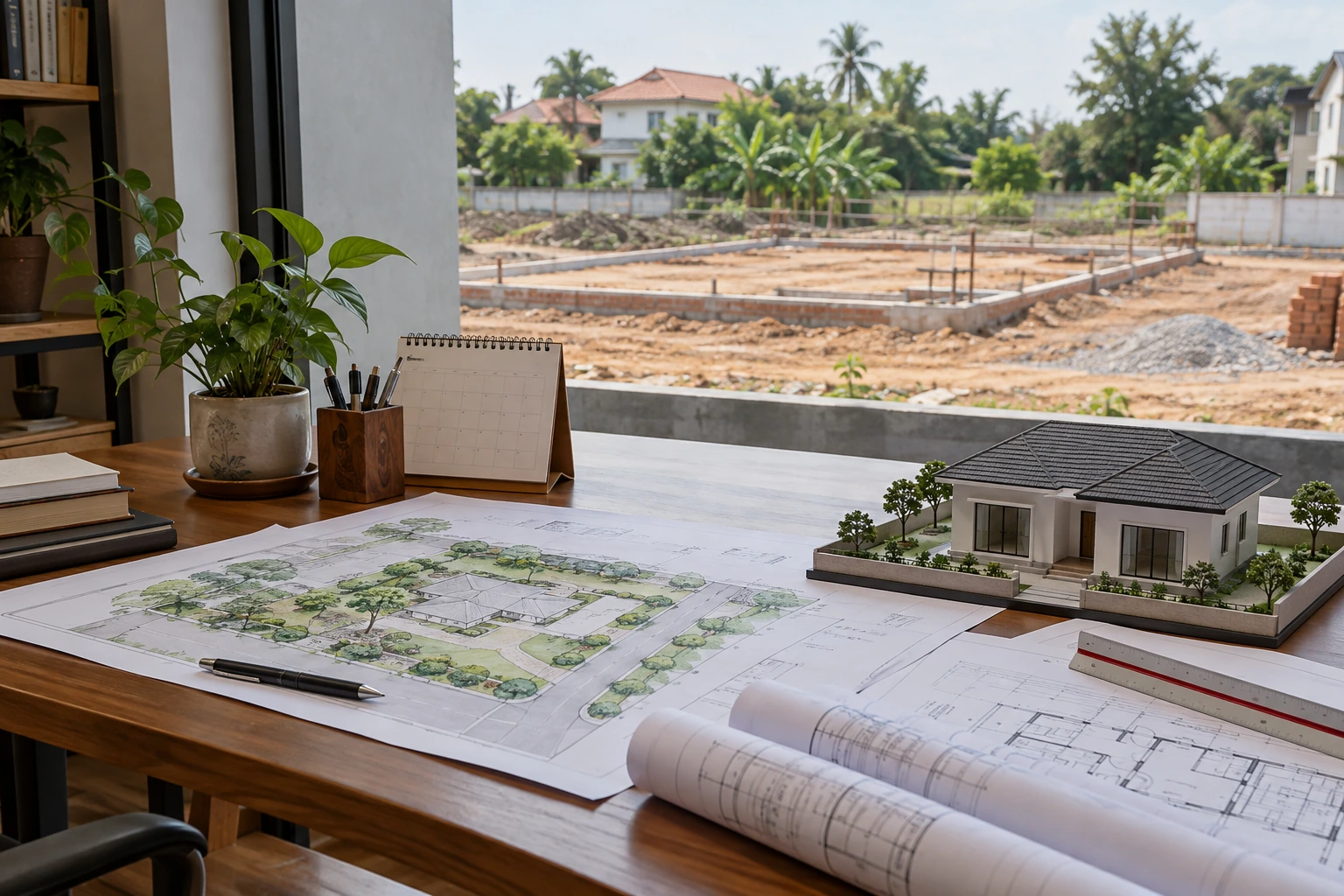 Ngày động thổ: năm làm nhà, ngày và giờ là ba lớp — ảnh minh họa chân thực được tạo sinh