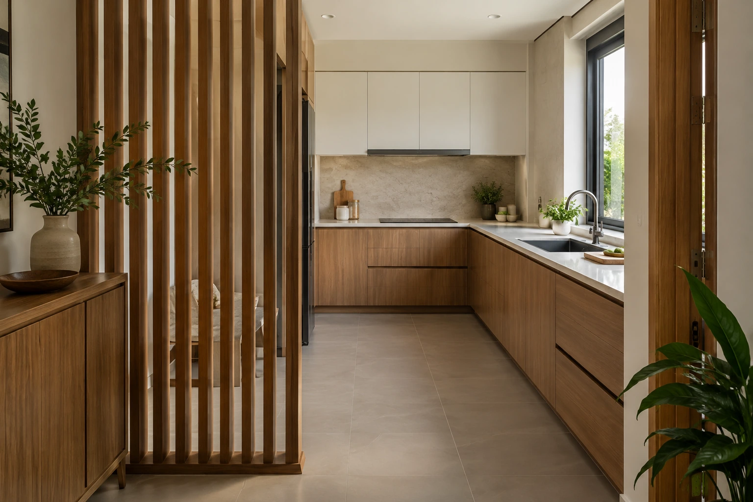 Bếp đối cửa và vệ sinh: nhận diện lỗi, cách sửa — ảnh minh họa chân thực được tạo sinh