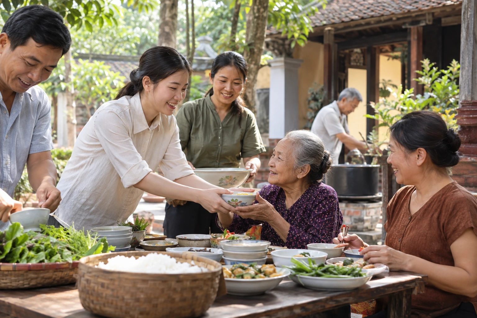 Năm giới tại gia: từng điều học và hành động tương ứng — ảnh minh họa chân thực được tạo sinh