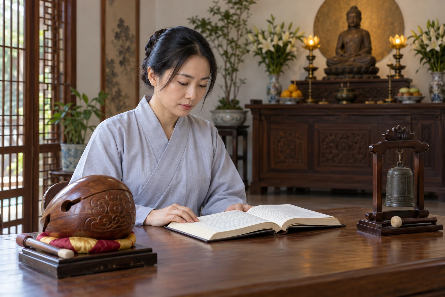 Tụng kinh: đọc đúng văn bản, hiểu nghĩa và thực hành — ảnh minh họa chân thực được tạo sinh